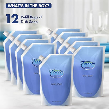 Liquid Dish Soap Refill Pouch 1 Liter – Family Size Dishwashing Liquid for Home Use – Non-Toxic Formula Cuts Grease While Gentle on Hands – Eco Refill for Dish Soap Dispensers & Kitchens - Set of 12