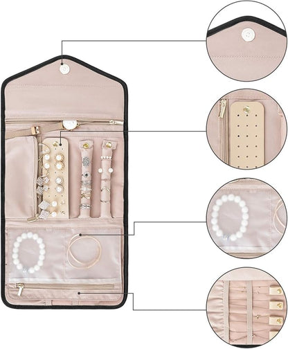 BAGSMART Travel Jewelry Organizer Roll Foldable Jewelry Case for Journey-Rings, Necklaces, Bracelets, Earrings, Black