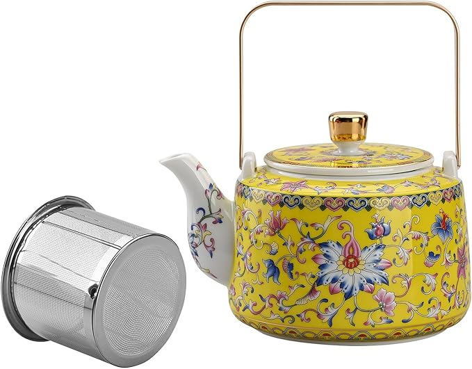 Antique Ceramic Teapot Coffee Pot with Infuser, 400ml (1-2 cups) Small Porcelain Tea Pots for Loose Leaf Tea, with Removable Stainless Steel Strainer and Lid for Gift (Yellow(Handle))