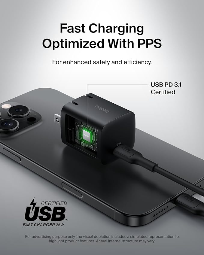 Belkin USB C Charger Block 25W – PD3.0 PPS Super Fast Charging - Samsung Galaxy S25, S24, Apple iPhone 17, Air, Pro, Pro Max, AirPods, Apple Watch, Google Pixel 10, Nintendo Switch, etc - Black