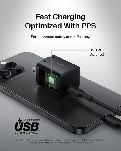 Belkin USB C Charger Block 25W – PD3.0 PPS Super Fast Charging - Samsung Galaxy S25, S24, Apple iPhone 17, Air, Pro, Pro Max, AirPods, Apple Watch, Google Pixel 10, Nintendo Switch, etc - Black