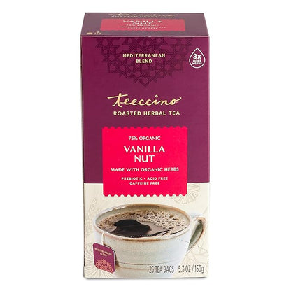 Teeccino Vanilla Nut Herbal Tea, 25 Tea Bags - Rich & Roasted Herbal Tea That’s Caffeine Free & Prebiotic for Natural Energy, 3X more Herbs, Acid Free, Great Hot or Iced