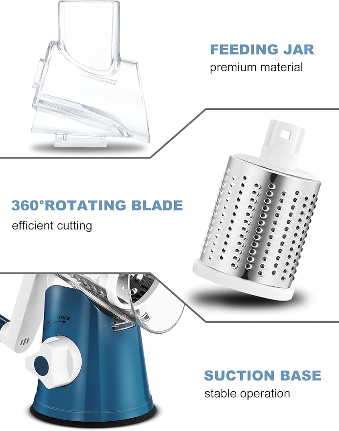 Cheese Grater Rotary, Rotary Grater for Kitchen, Kitchen Grater Vegetable Slicer with 3 Drum Blades, Fast Cutting Cheese Shredder for Vegetables and Nuts
