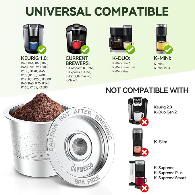 CAPMESSO Reusable K Cups Coffee Pods for Keurig 1.0: Stainless Steel Refillable K Cup - Reusable Coffee Filter for Keurig 1.0 Coffee Maker, Permanent, Eco-Friendly, Innovative Design (6 Pack)