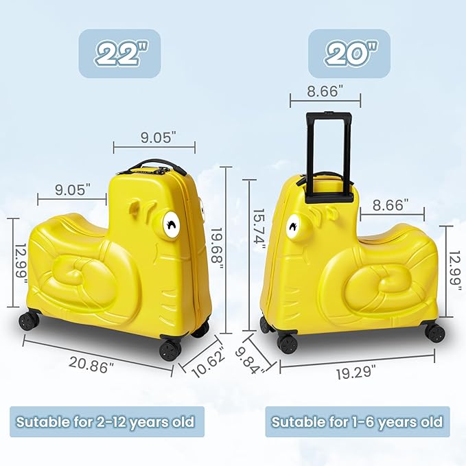 Kids Luggage, Kids Ride-on Luggage with Spinner Wheels Suitcase, Kid's Ride-On Suitcase Help Your Child Relax, Carry On Trolley with Password Lock (Yellow, 20 inches)