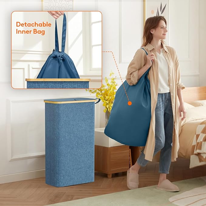 Lifewit 65L Slim Laundry Hamper with Lid, Narrow Laundry Basket with Removable Bag & Bamboo Handles, Fodable Thin Dirty Clothes Hamper for Laundry Collapsible Bin for Bathroom Bedroom Dorm, Dark Blue