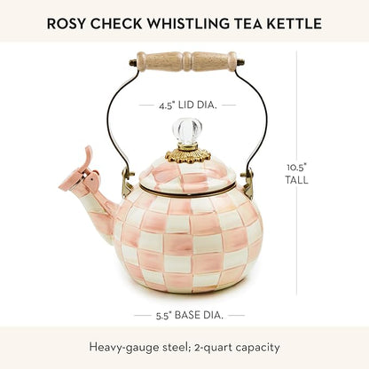 MACKENZIE-CHILDS Enamel Whistling Tea Kettle, Decorative Teapot, Pink-and-White Rosy Check