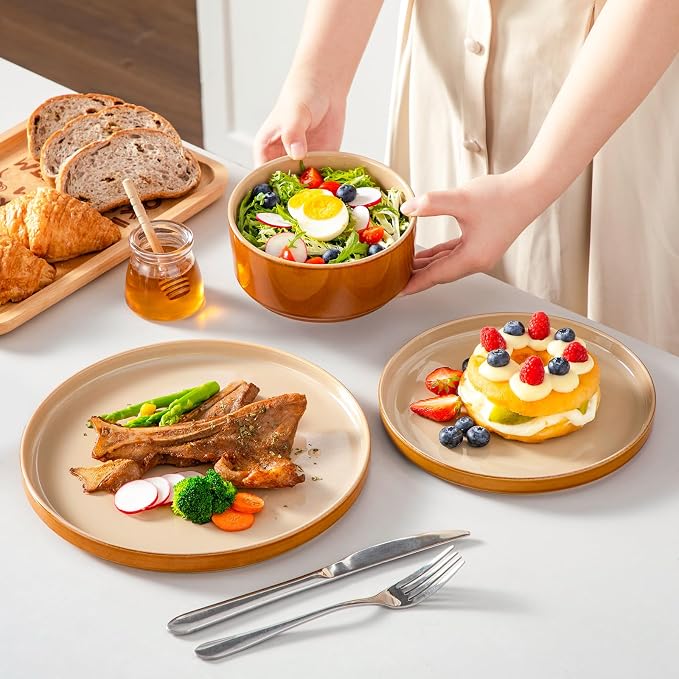 vancasso ONION Ceramic Plates and Bowls Sets, 12 Pieces Brown Dinnerware Sets