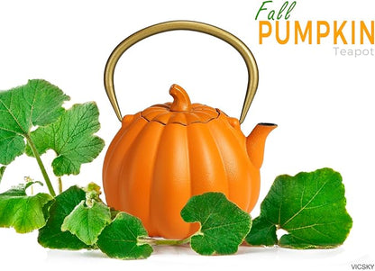 VICSKY Orange Pumpkin Cast Iron Teapot, Natural Pumpkin Color, Japanese Cast Iron Tea Kettle Stovetop Safe with Infuser, Cute Creative Pumpkin Halloween Teapot(40oz/1200ml, Orange)