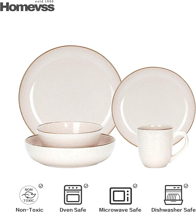 HomeVSS 20-Piece Dinnerware Set - Serves 4, Bright Glaze Peach plates and bowls sets with Speckle Effect for Microwave & Dishwasher Safe