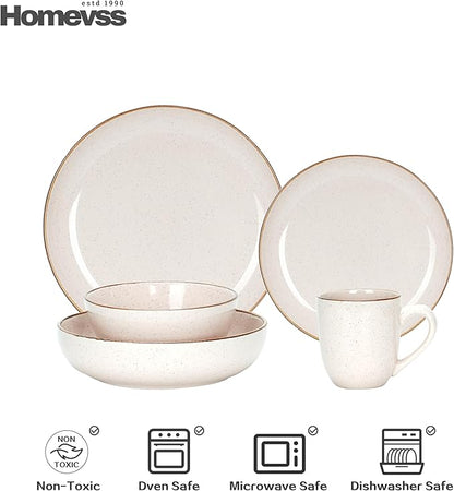 HomeVSS 20-Piece Dinnerware Set - Serves 4, Bright Glaze Peach plates and bowls sets with Speckle Effect for Microwave & Dishwasher Safe