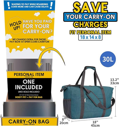 Narwey 18x14x8 Inches Travel Bag Spirit Airlines Frontier Personal Item, Travel Duffel With Wet Pocket Carry on Bag for Airplane Underseat Duffle Overnight for Women and Men (Teal)