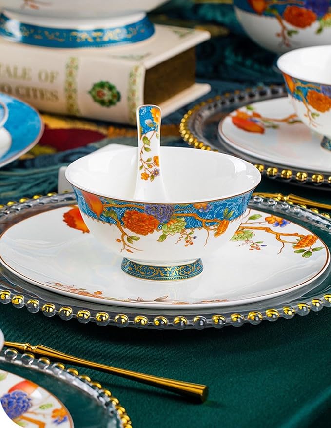 60 Pieces of 10-12 People Bone China Bowl and Plate Dinnerware Set Pomegranate