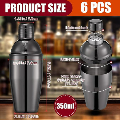 Nitial 6 Pcs Bar Cocktail Shaker Professional Stainless Steel Martini Drink Mixer Built-in Strainer for Bartending No Leaks Shaker for Bar Party Drink Mixer(Black,11.8 oz)