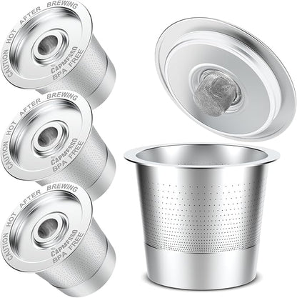 CAPMESSO Reusable Coffee Pods for Keurig 1.0: 4 Stainless Steel Refillable K-Cups with 12 Gaskets - Universal Compatibility, Eco-Friendly, Silver