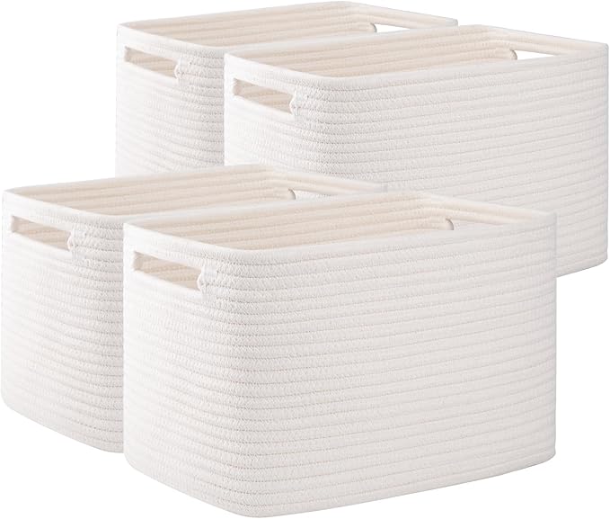 OIAHOMY 4 Pack Storage Baskets for Organizing, Cube Storage Bins for Shelves, Rectangle Storage Baskets With Handles, Woven Baskets for Storage, 12.7''Lx9''Wx7.8''H, White