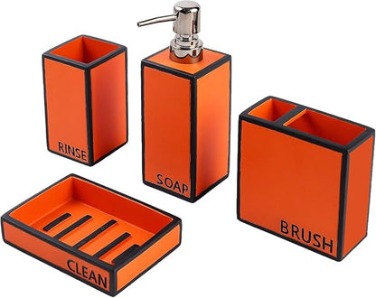 Hymmah Bathroom Accessories Set,Toothbrush Holder,Farmhouse Bathroom Decor,4 Pcs Resin Gift Set Apartment Necessities, Contain Toothbrush Cup,Soap Dispenser,Soap Dish,Tumbler Orange