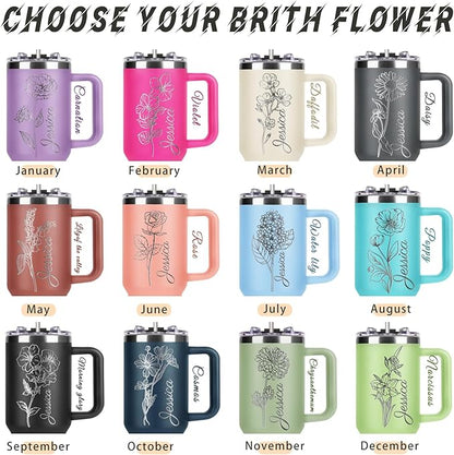 Made in USA - Personalized 40 Oz Tumbler with Handle and Straw - Custom Birthday Gifts with Name/Birth Flower for Wowen Girlfriend- Personalized Tumbler Bridesmaid Gifts for Wedding
