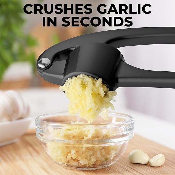 Zulay Kitchen Large Premium Garlic Press Set - Bigger Bowl for Bigger Garlic - Rust Proof & Dishwasher Safe Garlic Mincer Tool - Easy-Squeeze, Easy-Clean Silicone Garlic Peeler & Brush (Dark Gray)