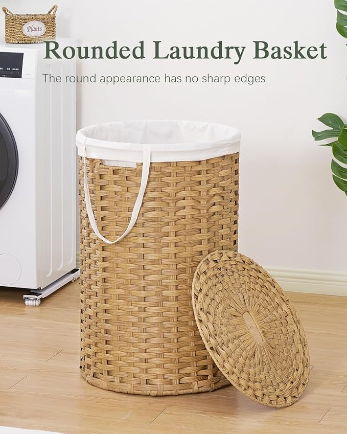 Large Laundry Hamper Laundry Basket Round 34.3 Gal (130 L) Handwoven Wicker Laundry Baskets Rattan Laundry Basket with Laundry Bag Handles 2 Mesh Bags for Living Room Bedroom Natural