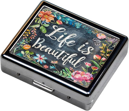 Cute and Portable Metal Pill Organizer – 8 Compartments, Elegant Chrome Finish, Ideal for Travel and Daily Use (Life is Beautiful Floral)