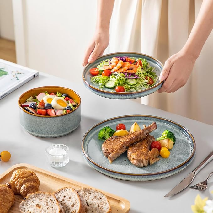vancasso ONION Ceramic Plates and Bowls Sets, 12 Pieces Light Blue Dinnerware