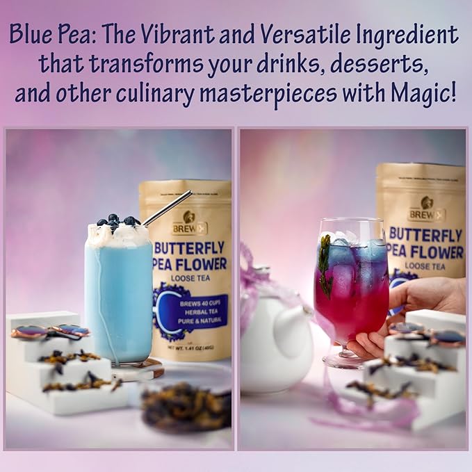 BREWIX, Butterfly Pea Flower Herbal Tea Loose Leaf (40+ Cups,1.41oz/40g) | Caffeine Free | Premium Dried Butterfly Pea Flowers For Blue & Purple Drinks, Food Coloring
