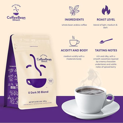 Coffee Bean Direct 0 Dark 30 Blend, Whole Bean Coffee, Mixed Roast, 1 Pound Bag (Pack of 1)