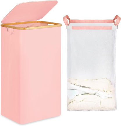 26 Gal Laundry Basket with Lid and Net Bag, Tall Laundry Hamper with Bamboo Handles, Aesthetic Dirty Clothes Bin for Laundry Room, Bathroom, Bedroom and Dorm, Pastel‌