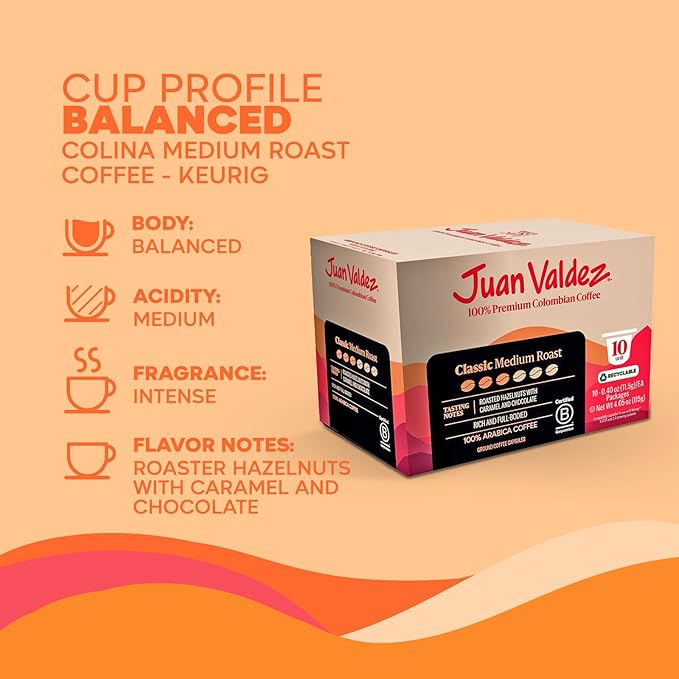 Juan Valdez Coffee Pods – Classic Medium Roast | K-Cups for Keurig Coffee Machines | 100% Colombian Arabica Beans | White Chocolate & Peach Notes | Single Serve Coffee Pods | 10 Count