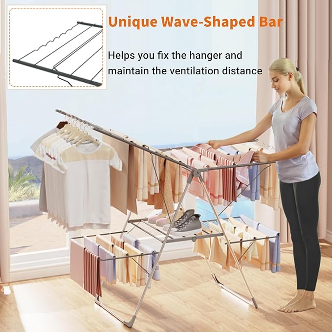 Bigzzia Clothes Drying Rack Foldable, 2-Level Large Laundry Drying Rack Collapsible, Stainless Steel Drying Rack Clothing for Indoor Outdoor, Easy to Fold, 33 Drying Rails, 142cm, Gray