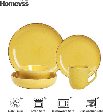 HomeVSS 20-Piece Dinnerware Set - Serves 4, Bright Glaze Yellow plates and bowls sets with Speckle Effect for Microwave & Dishwasher Safe