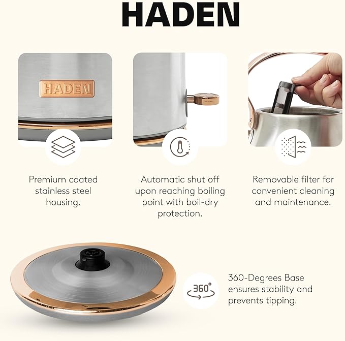 Haden Heritage 1.7 Liter Stainless Steel Electric Kettle, Hot Water Kettle with 360-Degree Base and Auto Shutoff, Steel & Copper