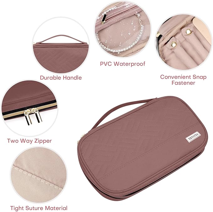 Jewelry Travel Case Organizer for Necklaces, Earrings, Rings, Bracelet, Watch, Soft Sided, Red Sandalwood