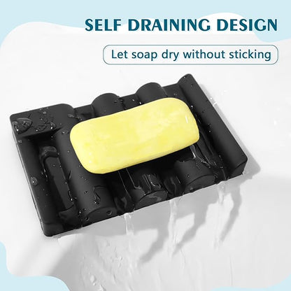 Silicone Soap Dish, Self Draining Soap Holder Perfect for Shower, Bathroom Sink, Kitchen Sink & Travel, Non-Slip Bar Soap Holder Extend Soap Life, Keep Soap Bars Dry Clean & Easy Cleaning (Black-1PCS)