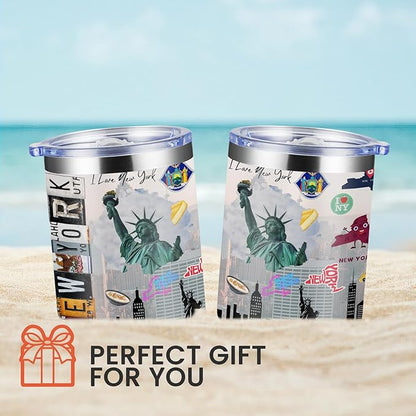12oz Coffee Mug New York State Insulated Coffee Cups, United States Map Travel Mug Landmark, Birthday Gifts Cute Mugs with Lid and Straw Gifts for Mom