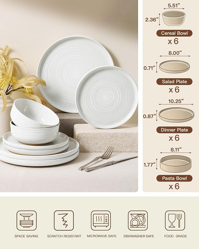 Stoneware Dinnerware Set with Pasta Bowls, Service