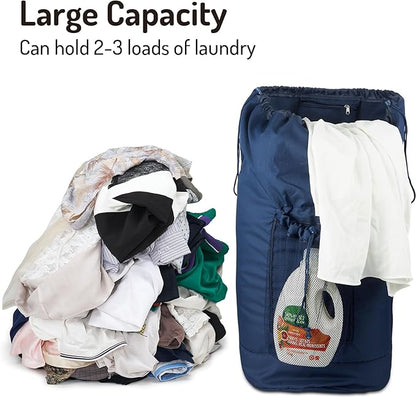Laundry Bag Backpack with Detergent Holder and Adjustable Shoulder Straps, Clothes Laundry Backpack for College, Travel, Apartment, Laundromat, Dorm Room (Blue)
