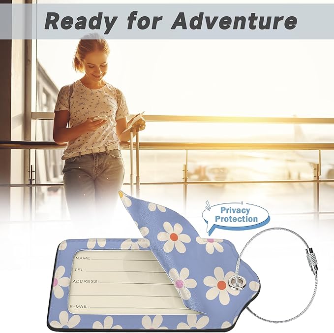2 Pack Luggage Tag for Suitcase, Groovy Daisy Flowers Leather Bag Tags Identifiers Privacy Cover ID Label with Durable Steel Loop for Women Men Kids Girls Travel