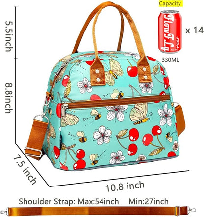 FlowFly Insulated Lunch Bag With Shoulder Strap for Women, Men, and Kids, Large and Reusable, Handle, Freezable Work and School Travel Tote and Meal Prep Organizer,Turquoise Cherry