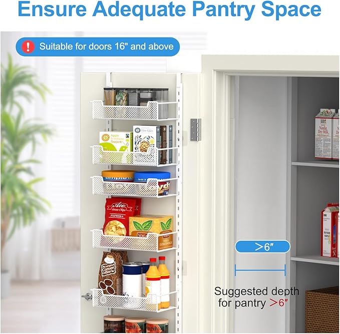 12.3" W Narrow Over the Door Pantry Organizer, 6-Tier Over the Door Organizer with Adjustable Basket, Pantry Door Organization for Pantry Kitchen Storage Room Spice Rack, White