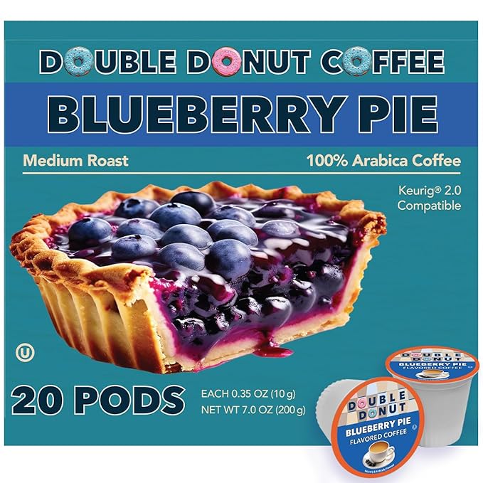 Double Donut Coffee Blueberry Flavored Coffee Pods, Medium Roast Coffee,Compatible with Keurig K Cups Brewers, 20 Count