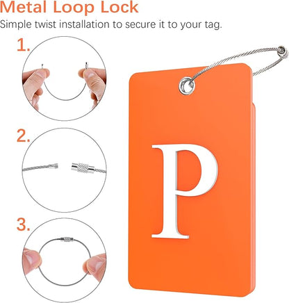 Gostwo 2 Pack Luggage Tags for Suitcases, 26 Initial Letter Travel Luggage Baggage Identification Labels ID Tag Fully Bendable Tags with Stainless Steel Loop (Orange) (Letter P)