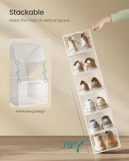 SONGMICS Shoe Boxes, Clear Shoe Organizers, Set of 12, Plastic Shoe Storage with Clear Door, Easy Assembly, up to US Size 13, Transparent White ULSP032W12