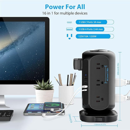 Power Strip Tower AOFO Surge Protector 12 AC Outlets with 4 USB(1 USB C) Ports Charging Station with Overload Protection, Widely Spaced Multiple Outlets with 10Ft Extension Cord for Home,Dorm & Office