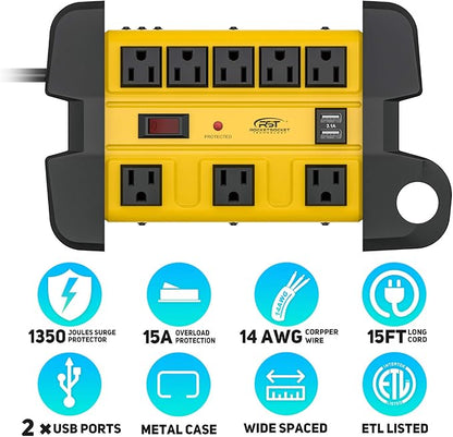 Heavy Duty Power Strip Surge Protector with USB,CRST Metal Power Strip with 2 USB 15 A 1875W, 15-Foot Long Cord 1350 Joules for Home, Kitchen, Office, School, ETL Listed… Yellow