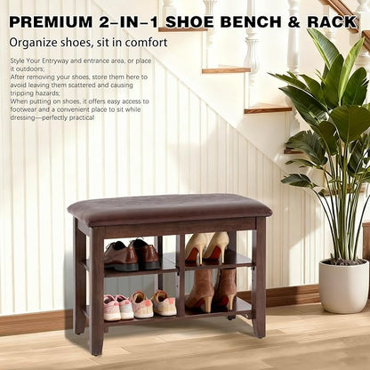 PY HOME & SPORTS Shoe Rack for Entryway 23.6": 2-Tier Shoe Storage Bench, Adjustable/Removable Shelves, Rubberwood Shoe Benches for Hallway, Porch, Bathroom, Brown