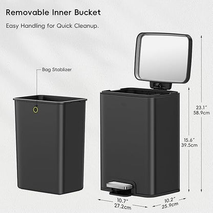 EKO Madison Matte Black 12L / 3.2 Gal Bathroom Trash Can with Lid and Removable Inner Basket, Rectangular Small Step Trash Can