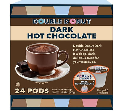 Double Donut Coffee Dark Hot Chocolate Pods for Keurig K Cups Brewers, Single Serve Dark Hot Cocoa Pods, 24 Count