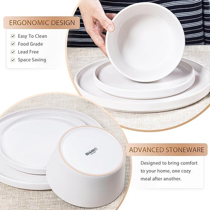 Plates and Bowls Sets for 4 - CJDC-QUELO 16 Piece Stoneware Dinnerware Sets with Mugs, Ceramic Dishware Sets for Kitchen Dining Use, Chip and Scratch Resistant Microwave Dishwasher Safe, White